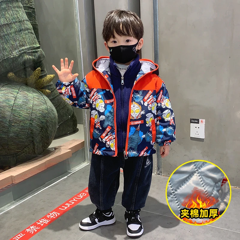 奥特曼衣服男童三合一可拆卸棉衣2023新款保暖宝宝秋冬装儿童装潮