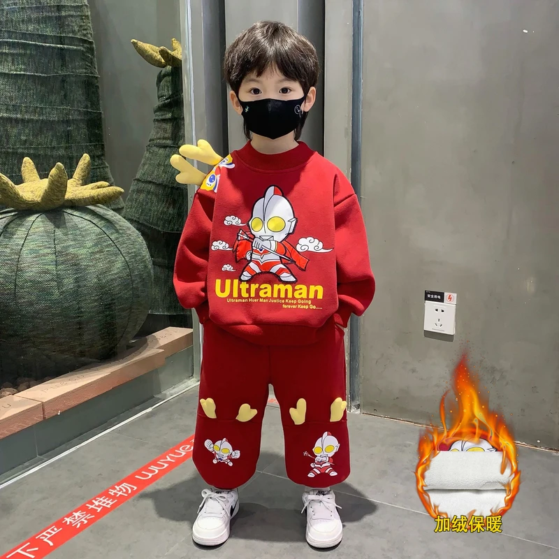 奥特曼衣服过年战袍红色加绒卫衣套装2025新款男童喜庆年服两件套