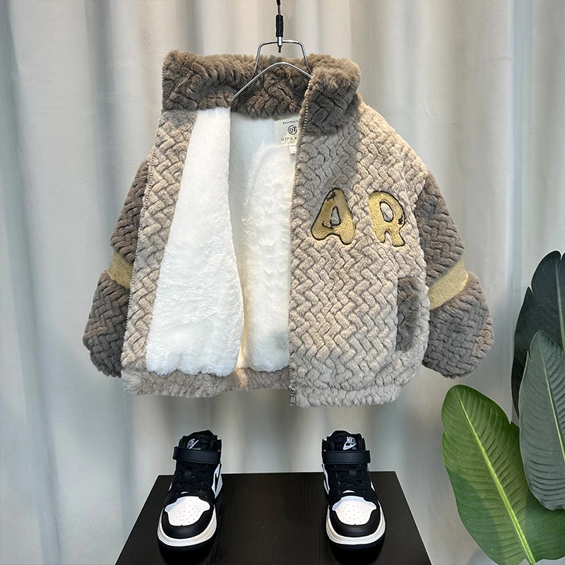 男童加绒外套冬款2025新款洋气宝宝毛毛衣网红儿童装加厚上衣棉服