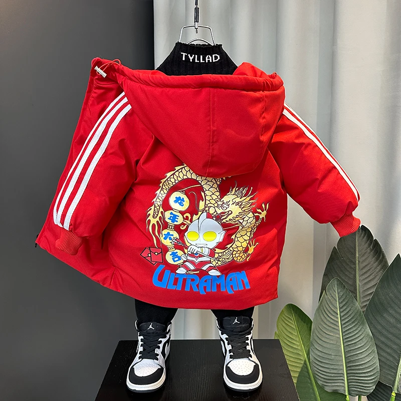 男童棉服冬季2023新款儿童奥特曼外套保暖棉衣红色过年服加厚外套
