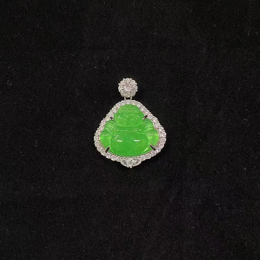 缅甸A货新马料帝王满绿佛公精致豪镶吊坠  约25x27x10mm