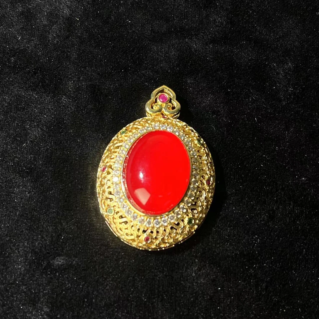 高级精致冰红蛋面花丝镶嵌吊坠 约26x19x16mm