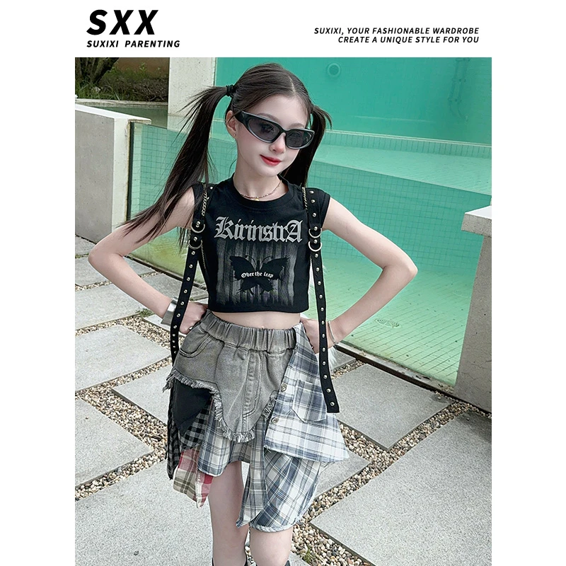 女童2024不规则拼接辣妹牛仔短裙街舞服演出服背心