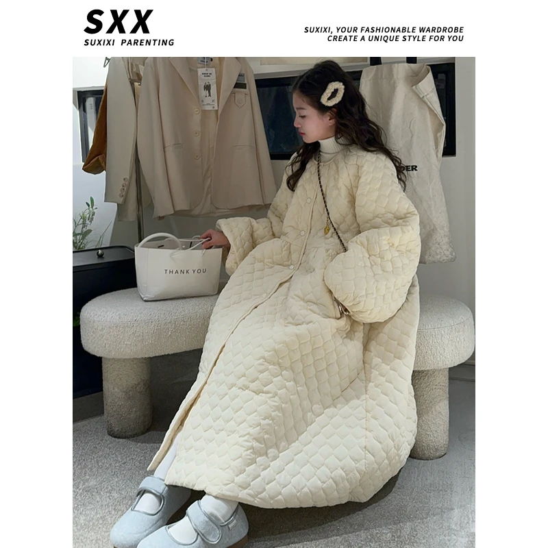 【LUCY定制】女童2024秋冬菱格夹棉连衣裙冬季加厚宽松长袖棉衣棉服