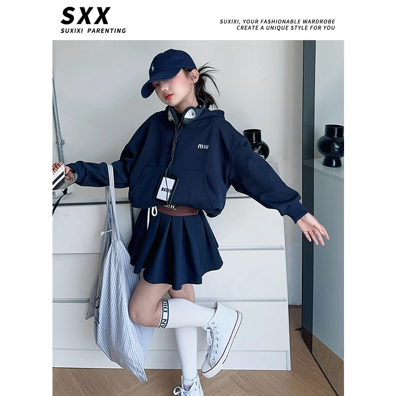 【LUCY定制】女童2024韩系甜酷时尚运动穿搭连帽卫衣半身裙两件套