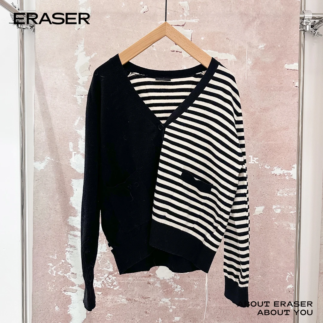 ERASER橡皮设计感不对称条纹长袖针织衫1233110002