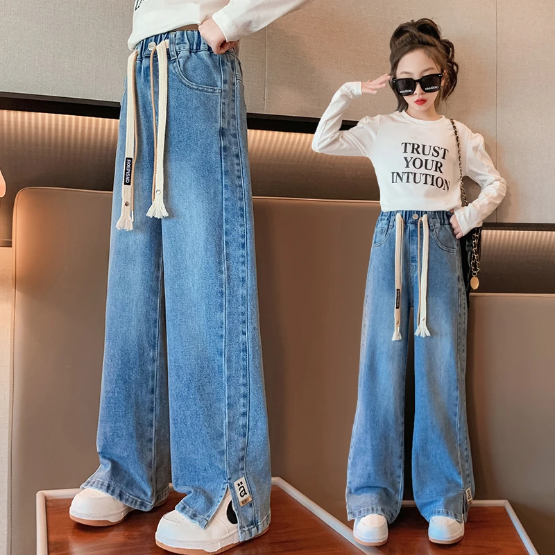 女童阔腿裤2024新款春秋装儿童牛仔裤休闲宽松大童裤子洋气直筒裤