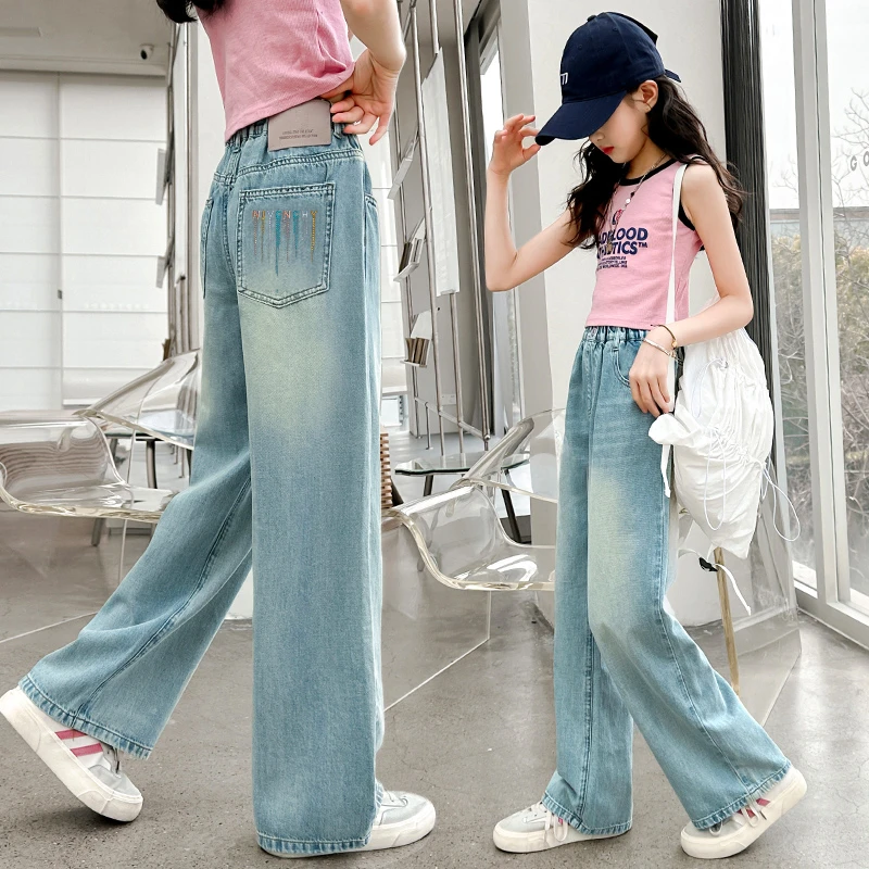 2024初夏新款女童中大童牛仔裤夏季薄款透气休闲宽松直筒阔腿裤