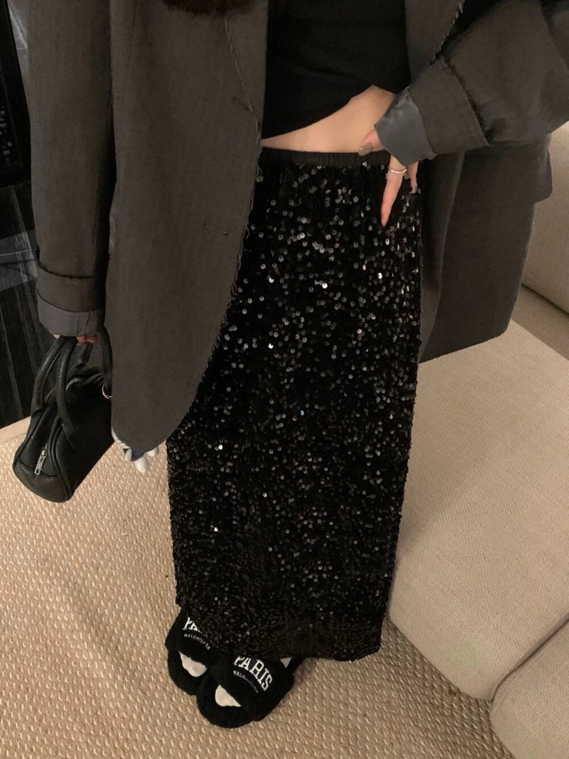 秋冬法式复古高腰中长款丝绒包臀开叉黑色加绒加厚闪闪亮片半身裙