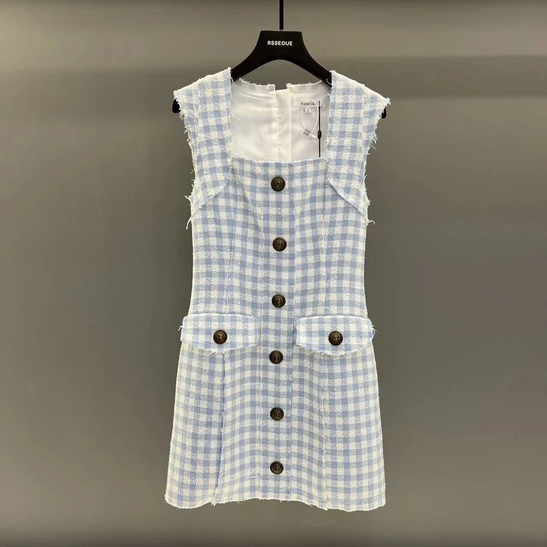 蓝色小香风方领撞色格子粗花呢子无袖连衣裙显白修身包臀短背心裙