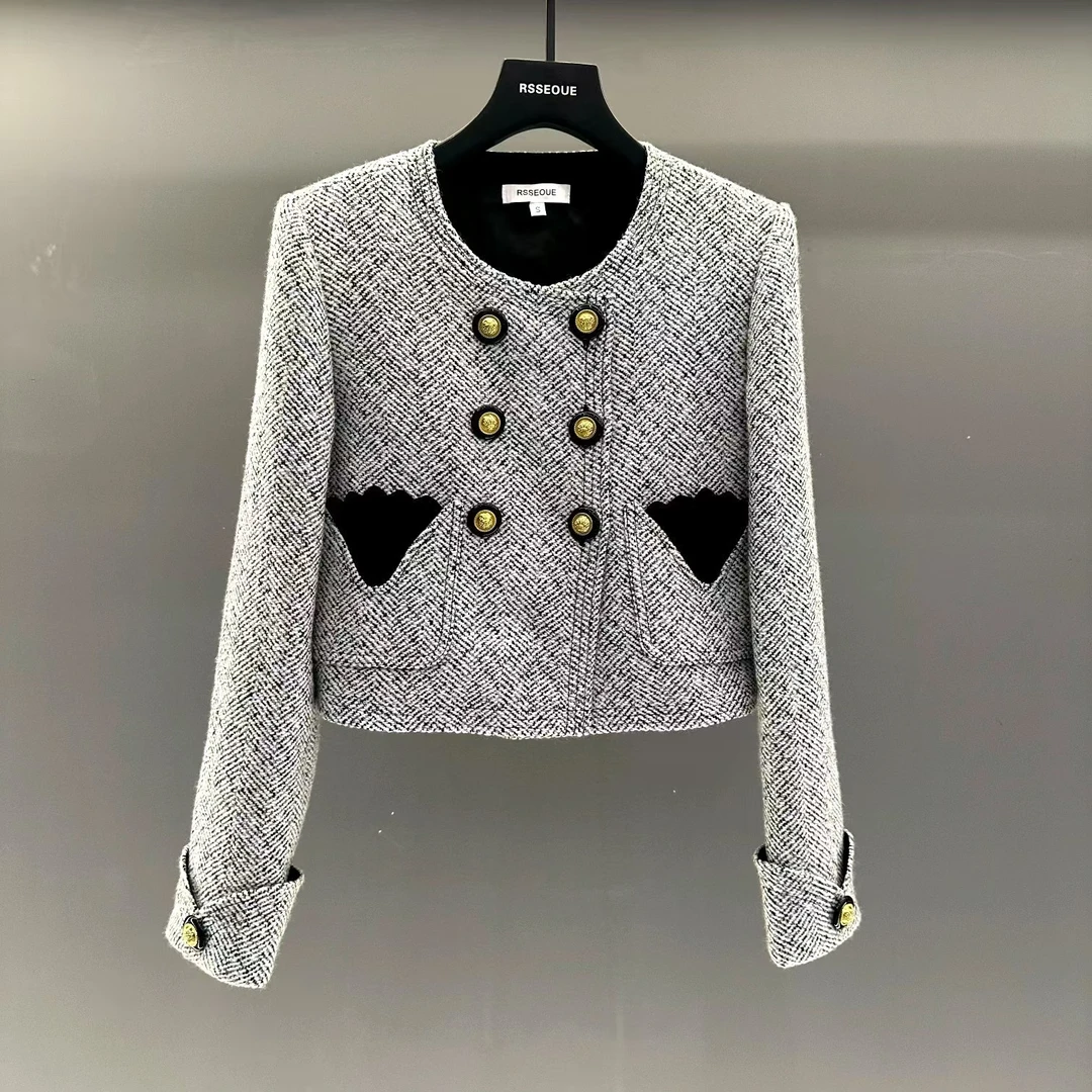 欧货24冬新款千金感短款外套女小香风粗花圆领双排扣上衣