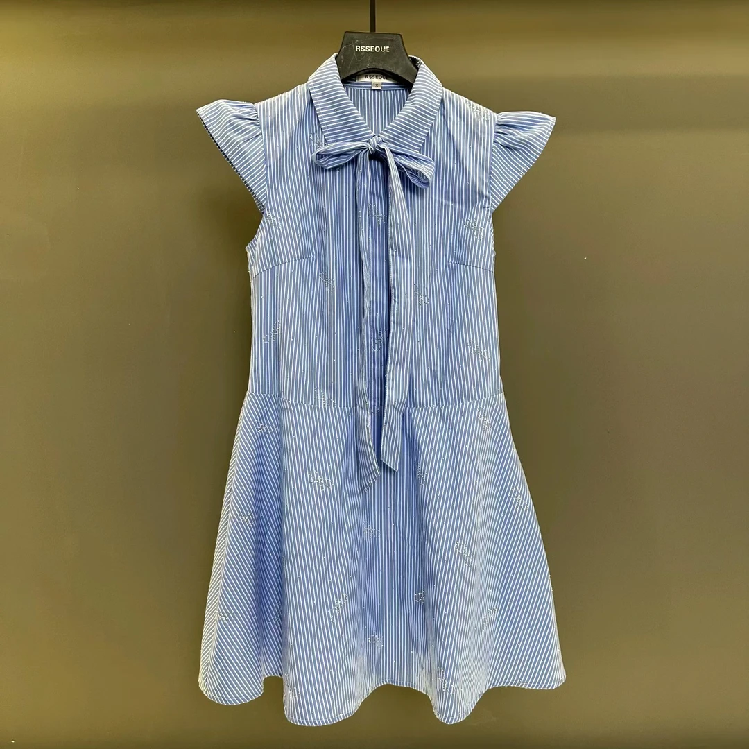 法式气质高级感简单大方得体小个子显高条纹蝴蝶结飞飞袖连衣裙夏