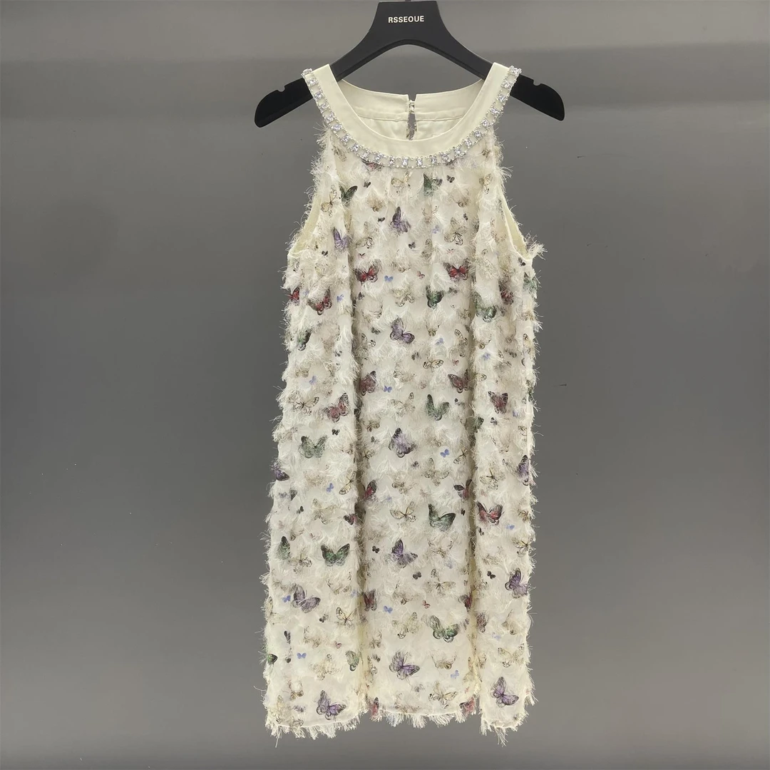 高级感蝴蝶印花流苏挂脖女夏甜美洋气小众宽松无袖连衣裙L9335