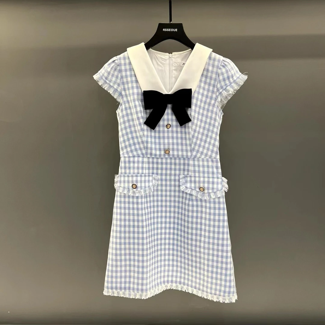 小香风蓝色v领收腰连衣裙女夏季气质蝴蝶结甜美法式a字L9345
