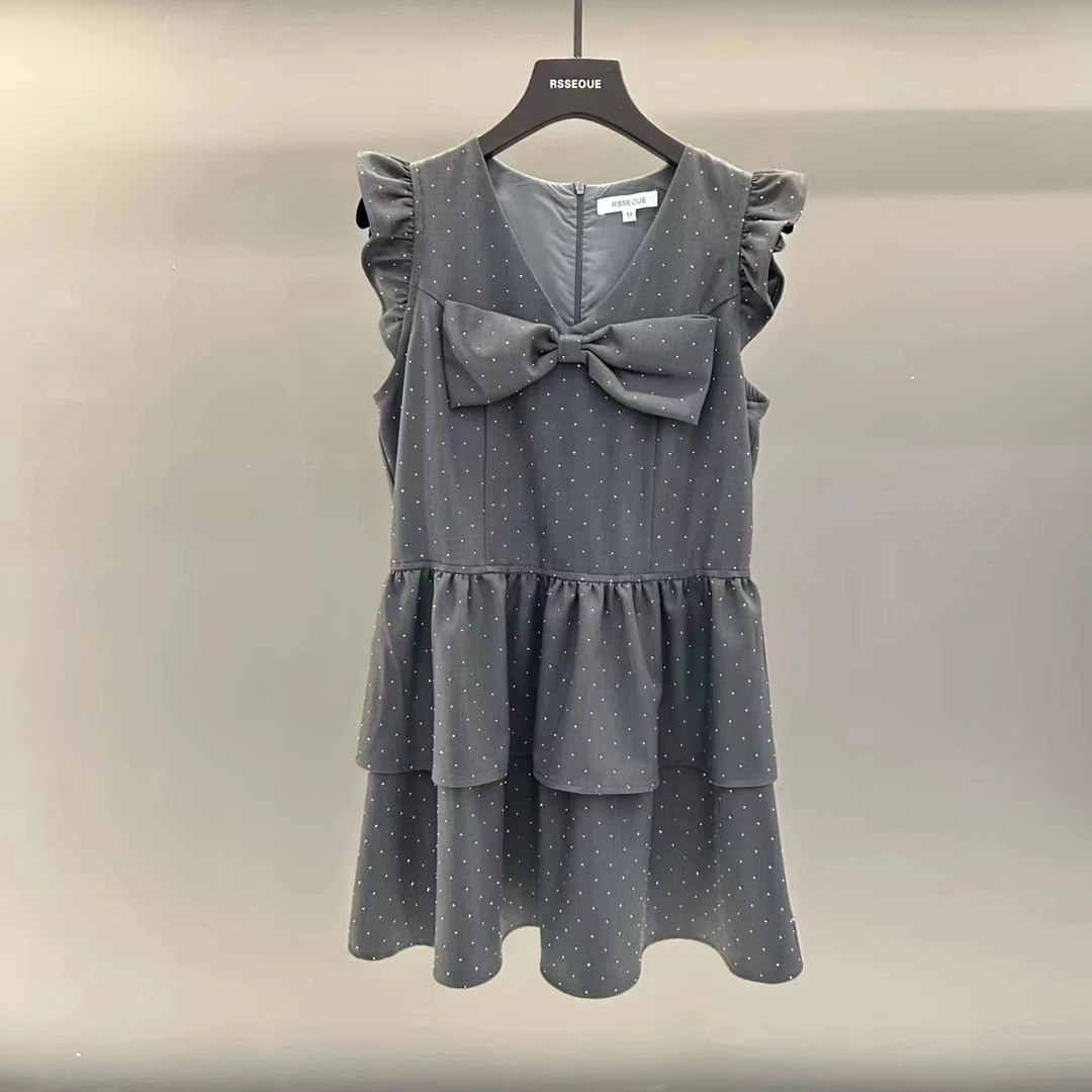 法式高定灰色满天星烫钻蝴蝶结小飞袖女装连衣裙显瘦休闲L9048