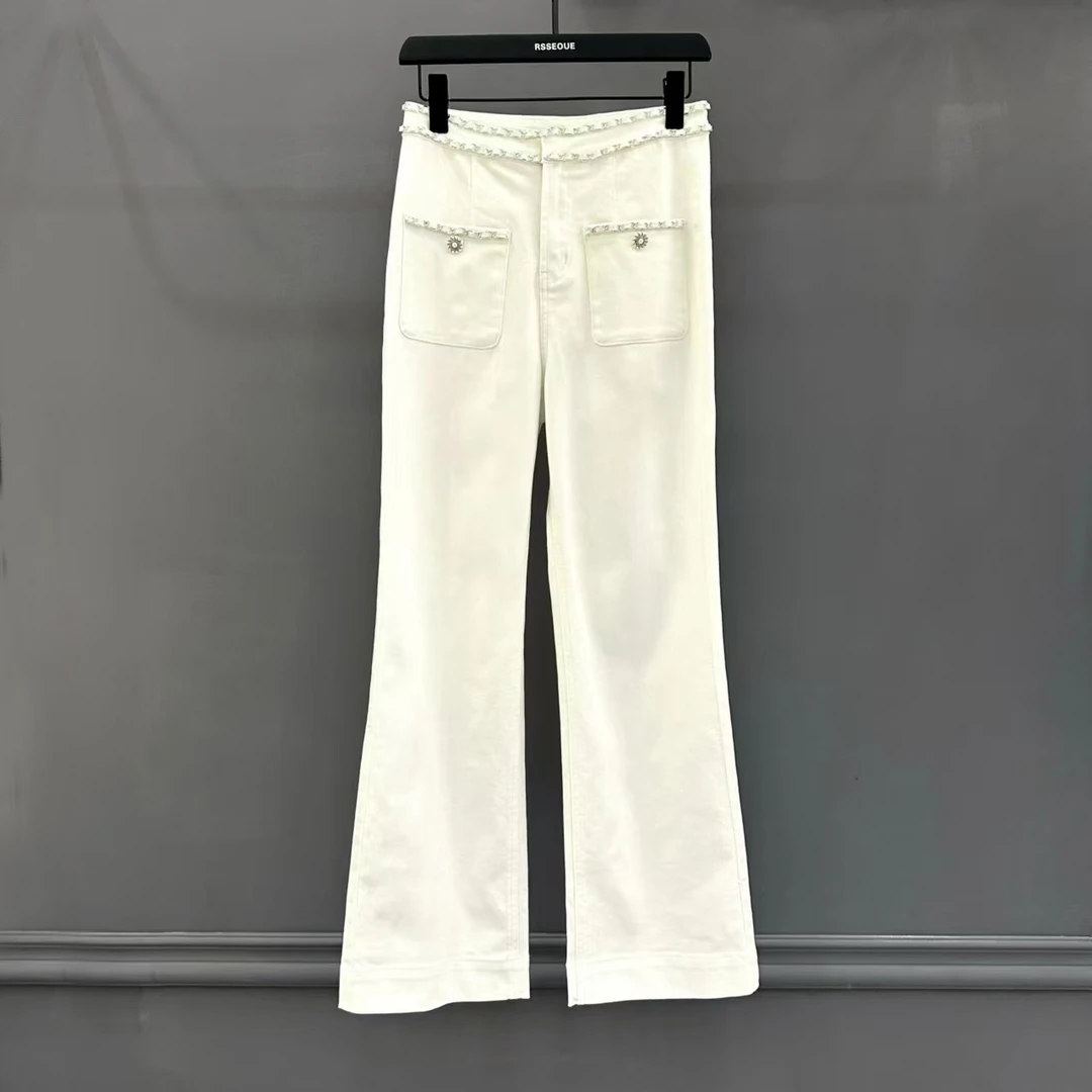 重工链条白色牛仔裤2025年新款高级感高腰垂感裤子女显瘦直筒裤潮
