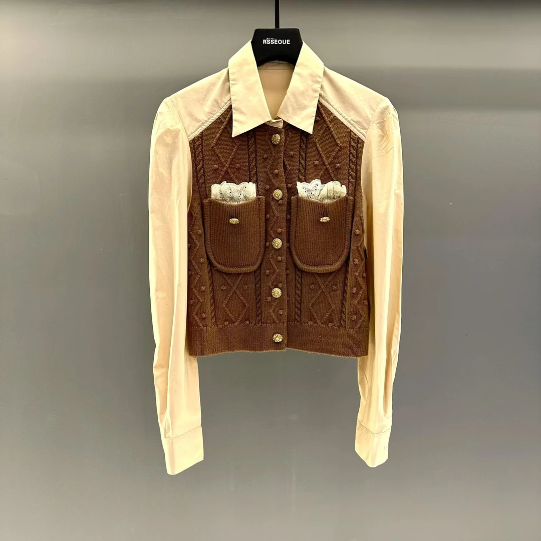 2025早春新款美拉德色系麻花针织潮款女长袖衬衣气质时尚百搭