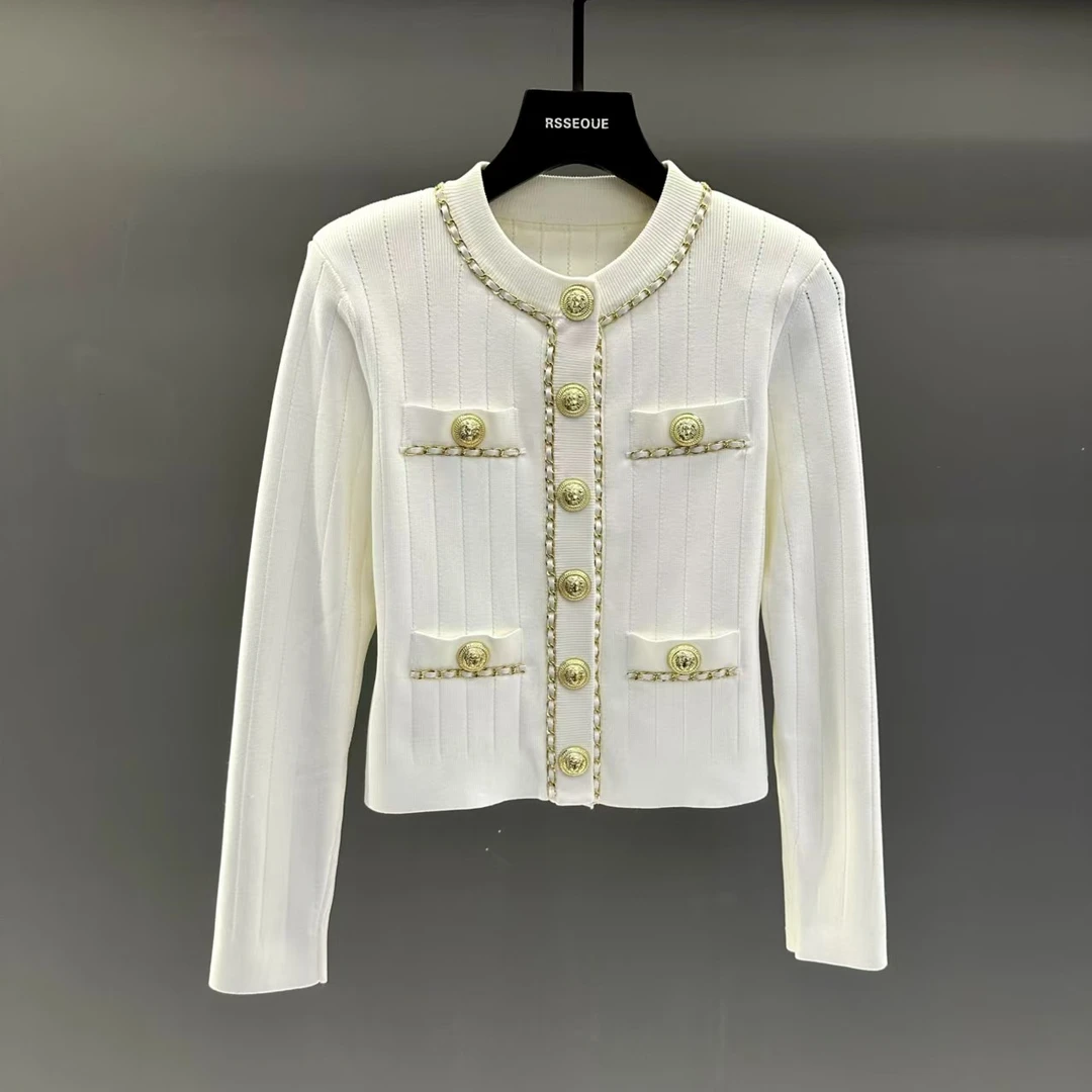 高级感大金扣经典名媛风气质修身显瘦链条饰边针织开衫女短款秋季
