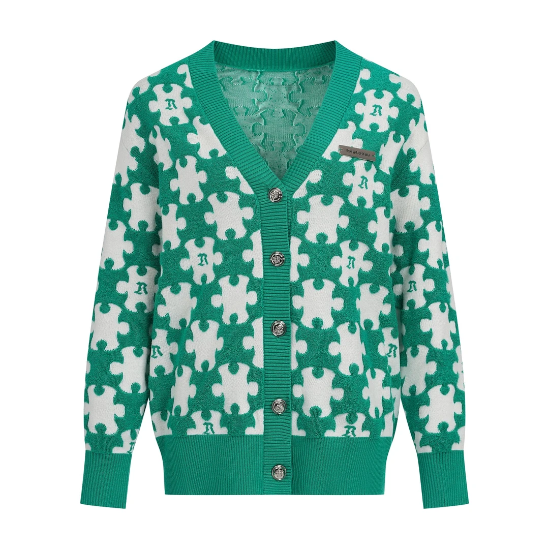 EF单排扣长袖毛衫撞色拼图提花针织开衫外套1050811007