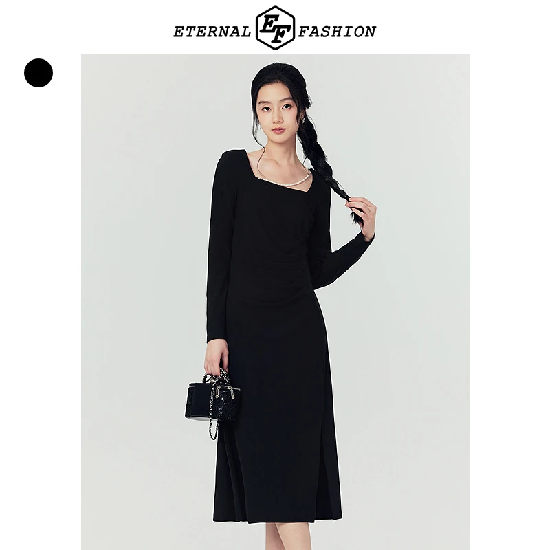 【达人专属】EF黑色连衣裙法式高级高腰显瘦A字裙长袖1130631024