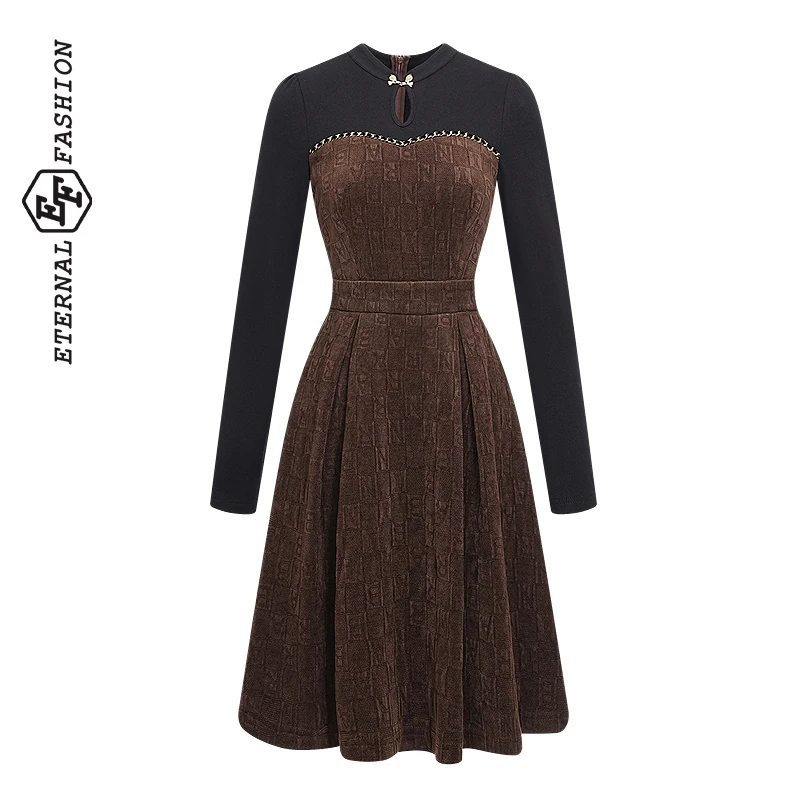 【昕昕严选】EF老钱风撞色中长裙冬新款镂空连衣裙1130643043