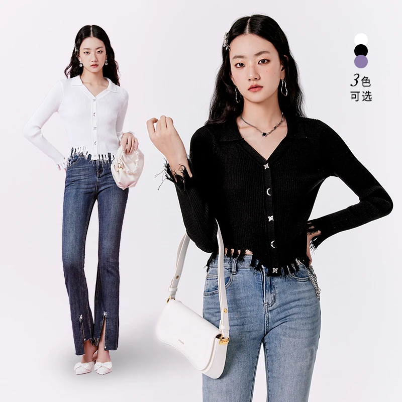 E-EF流苏毛边修身显瘦小众设计感V领毛衣D1050821626Z-