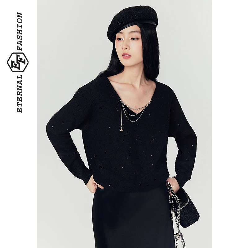 【达人专属】EF优雅针织衫女长袖新款慵懒风毛衣1050441013