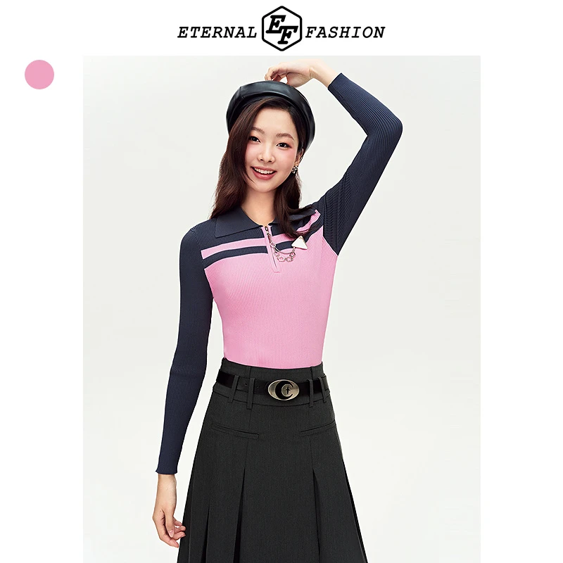 EF美式撞色条纹针织衫秋季长袖上衣1050431005