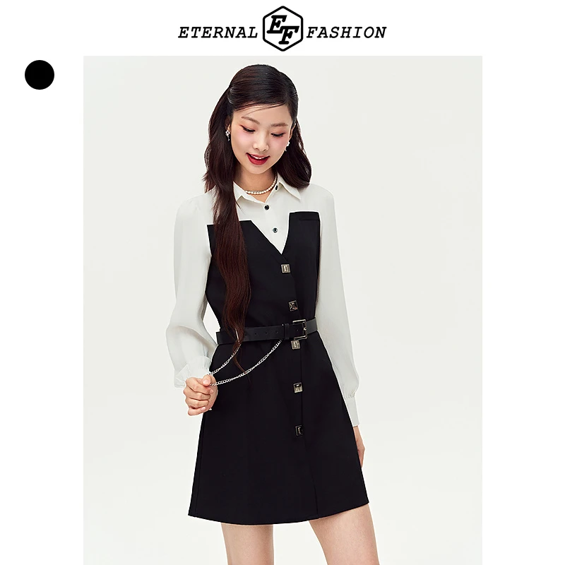 EF新款连衣裙气质通勤款拼接式衬衫连衣裙1130631001