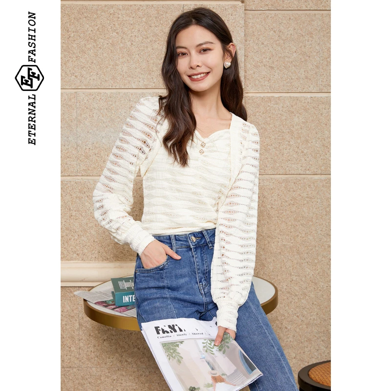 EF假两件气质方领雪纺衫上衣2030413007