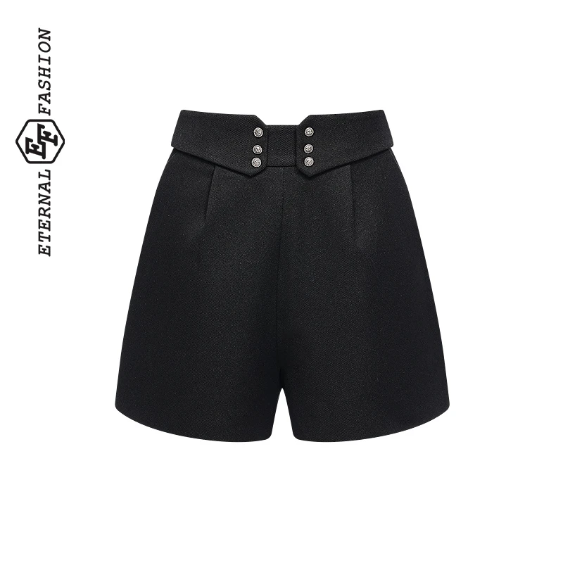 EF时尚百搭显瘦休闲裤女冬季新款高腰复古钉珠短裤1150043003