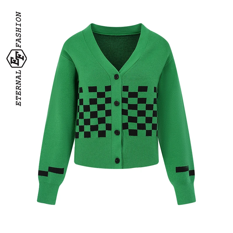 【昕昕严选】EF秋冬绿色v领针织开衫女撞色毛衣1050843014