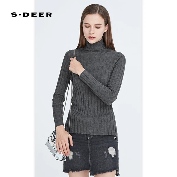 S·DEER纯色高领开衩修身针织衫打底秋冬半高领女士百搭羊绒毛衣