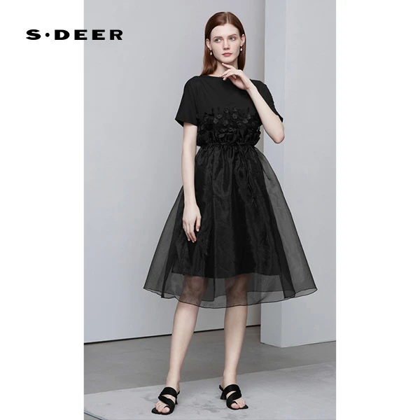 S·DEER春夏超显瘦连衣裙时尚网纱拼接绣花收腰气质显瘦女连衣裙