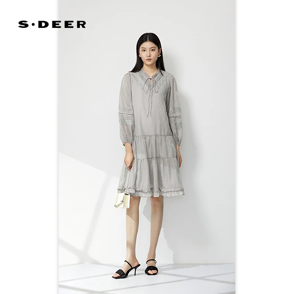 S·DEER夏季时尚收腰宽松法式轻奢气质通勤泡泡袖显瘦女装连衣裙