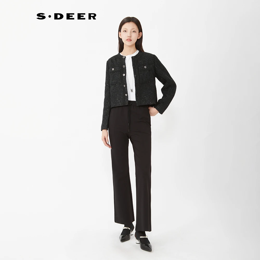 S·DEER圣迪奥秋季女装宽松时尚气质休闲简约百搭通勤抽绳黑色裤子
