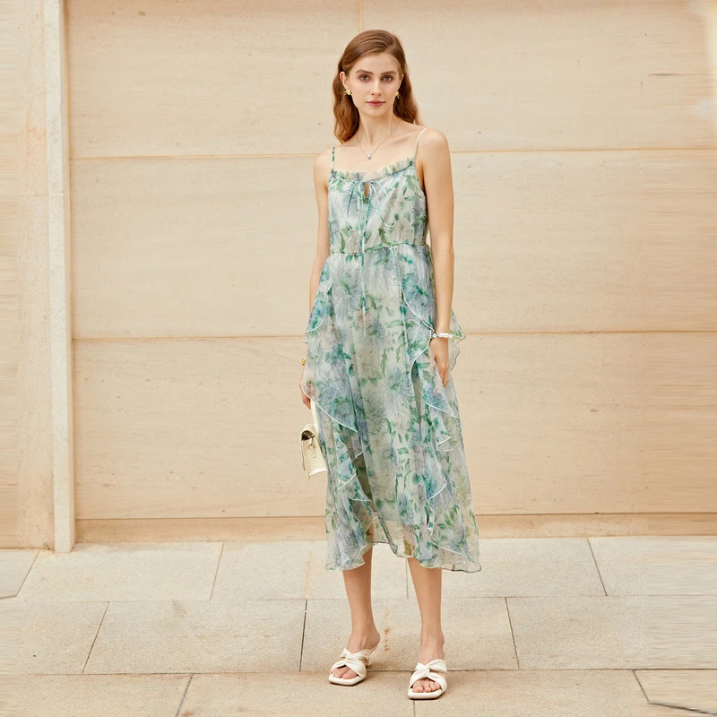 S·DEER圣迪奥夏季女装碎花裙子法式时尚甜美复古气质显瘦吊带裙