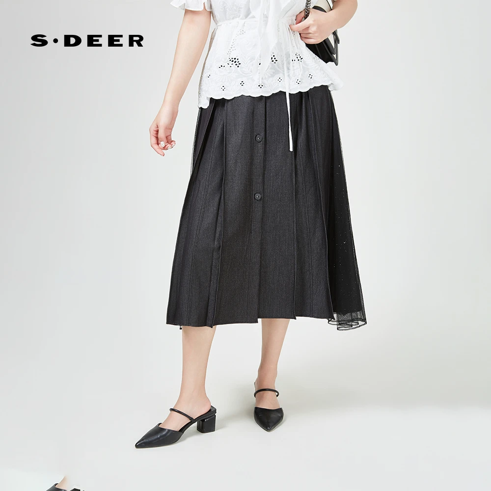 S·DEER圣迪奥女装简约高端设计感网纱拼接通勤休闲秋夏半身裙
