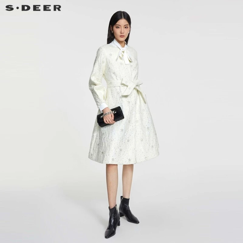 S·DEER春季白色圆领印花时尚法式高端气质收腰系带中长款女装大衣