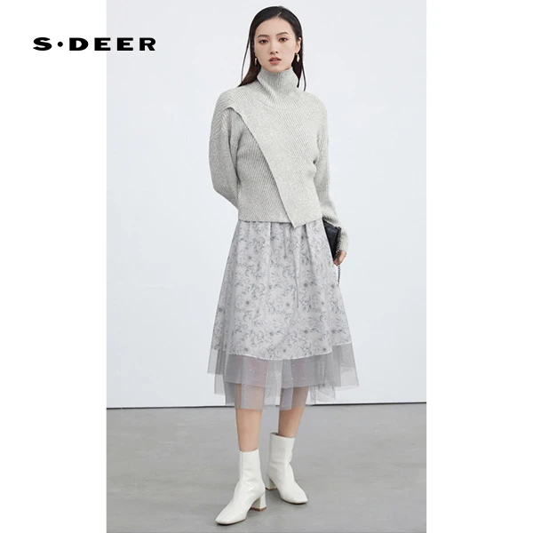 S·DEER女春秋白色长款时尚优雅高领碎花网纱针织两件长袖连衣裙