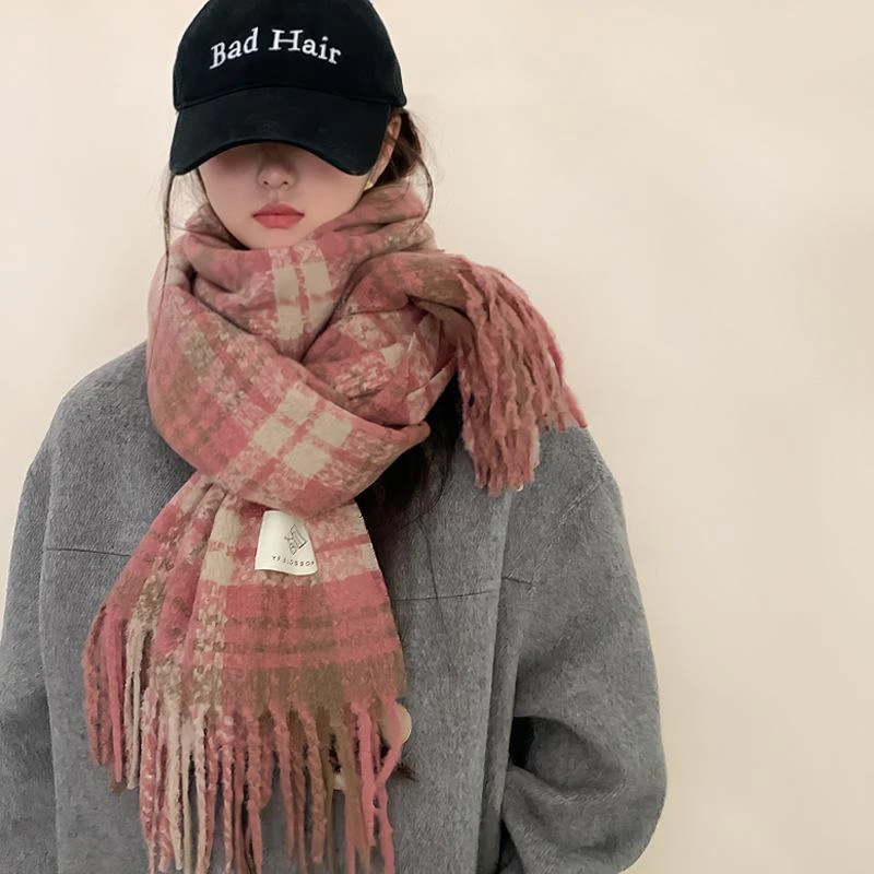 干枯玫瑰粉格子围巾）女韩系新品秋冬柔软流苏披肩软糯电动车披肩