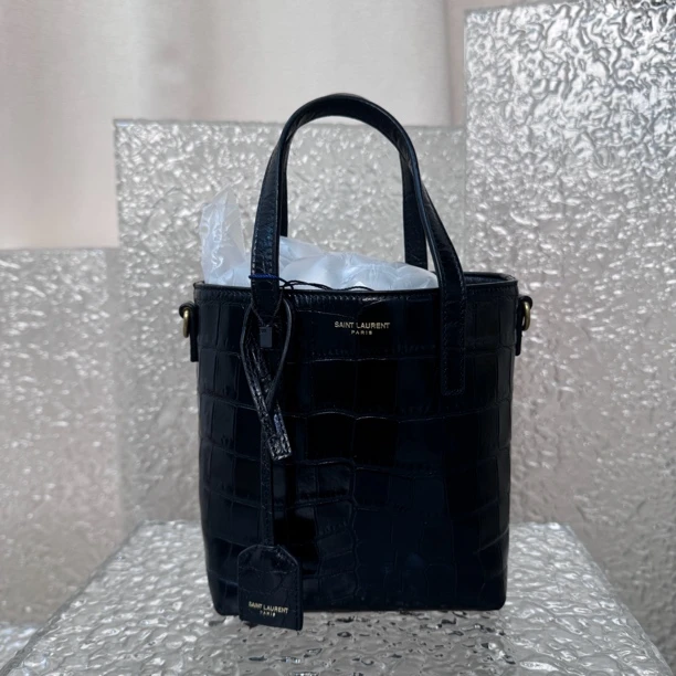 99新 YSL/圣罗兰 黑金鳄鱼纹托特mini斜挎单肩包