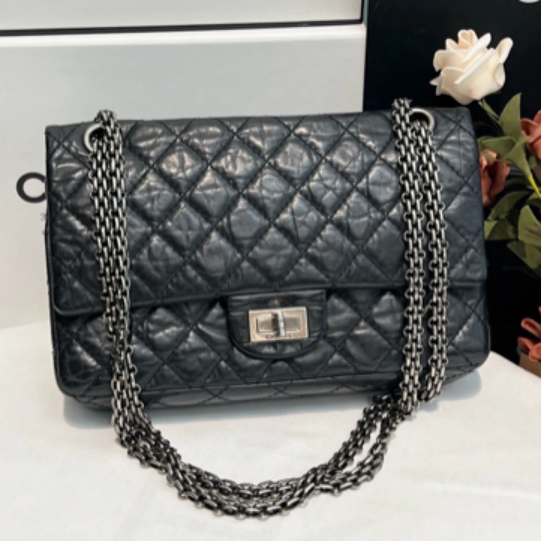99新 Chanel/香奈儿 黑银2.55小号斜挎单肩包