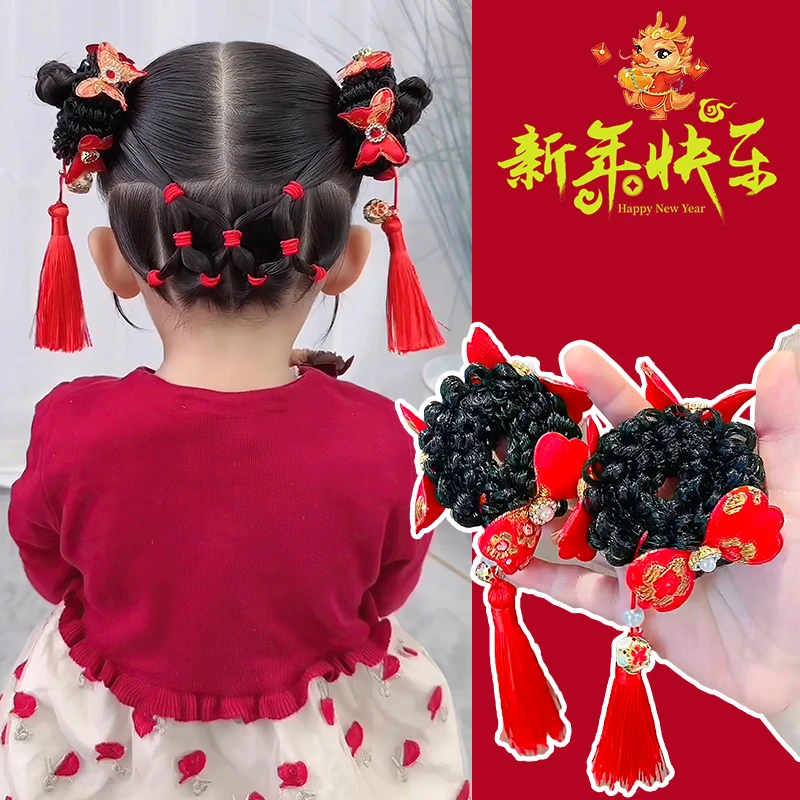 女童过年头饰丸子头假发圈小女孩头花儿童汉服古风红色新年发饰