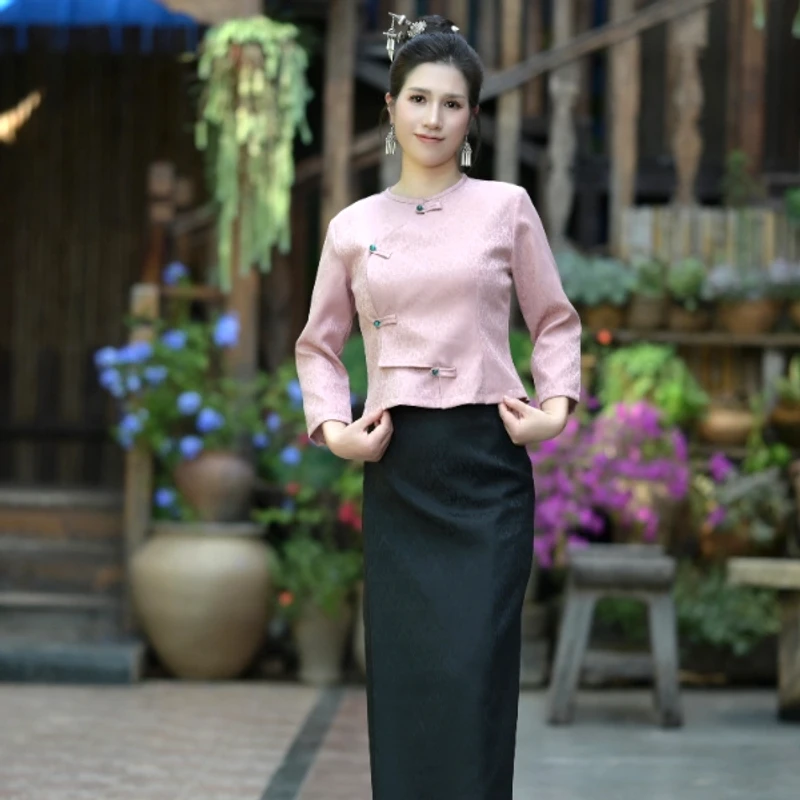 傣族服装女西双版纳复古时尚新中式改良国风设计圆领刺绣提套装