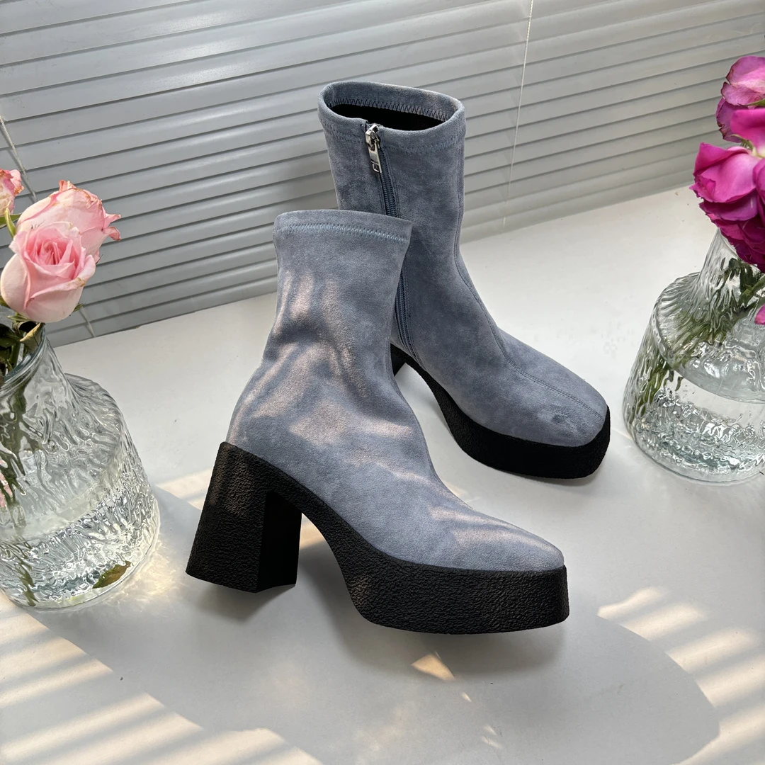 【仅一双40码】靴子蓝色绒面皮欧美风中跟粗跟及短靴7Y490