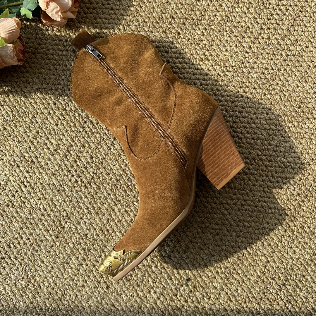 MUMANI/牧玛尼高跟短靴女欧美复古真皮粗跟西部牛仔靴MT1974