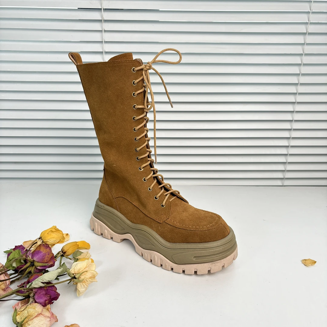 高筒靴新款真皮系带秋冬系带厚底防水台中筒西部靴马丁靴P308