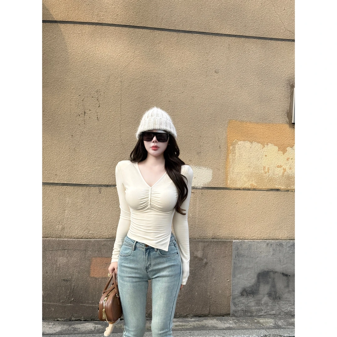 媛媛 【宝椰少女】收腰v领长袖新款辣妹显瘦短款修身打底t恤#D0658