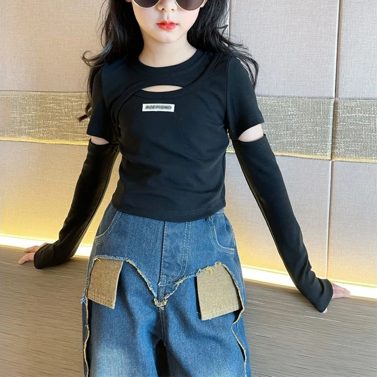 打底衫女童春秋2023新款洋气女童上衣中大童时髦修身镂女童t长袖